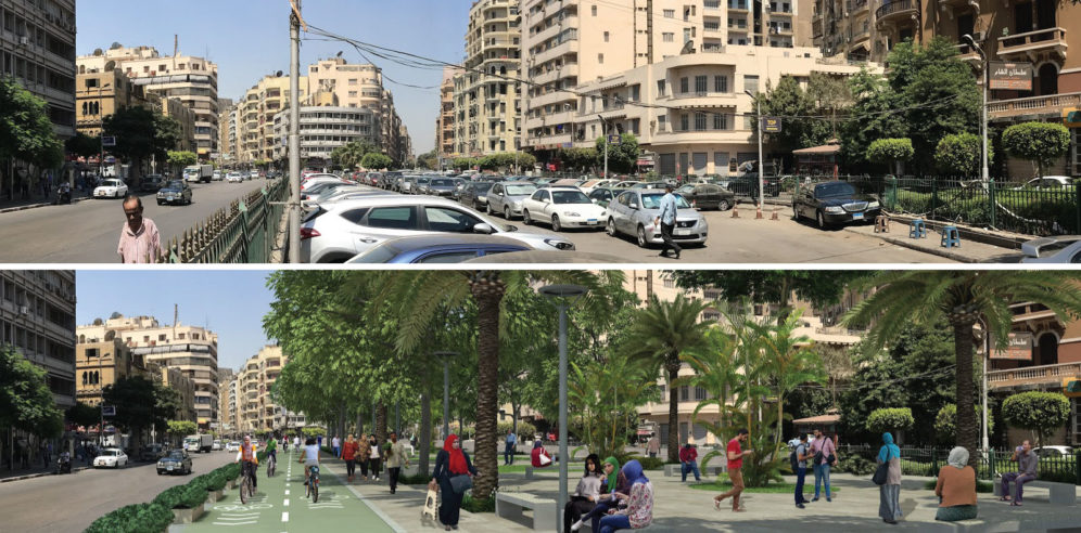 Actual photo of downtown Cairo (top) and a rendering with proposed pedestrian and cycling walkways (bottom).