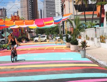 Woman on colorful street in Fortaleza