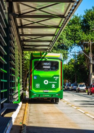 Green city bus stopped at a curb beside a modern glass-fronted building on a sunny street.