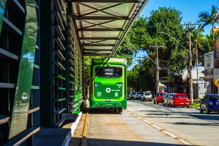 Green city bus stopped at a curb beside a modern glass-fronted building on a sunny street.