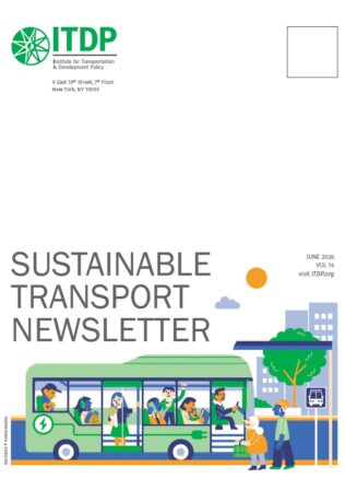 ITDP Sustainable Transport Newsletter cover with a green bus and passengers against a city backdrop.