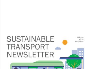 ITDP Sustainable Transport Newsletter cover with a green bus and passengers against a city backdrop.