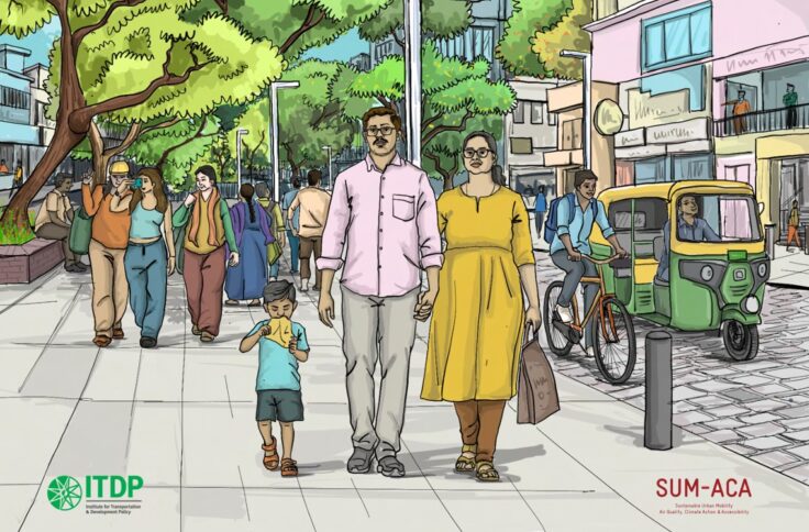 A busy urban sidewalk with a couple and their child foreground, surrounded by pedestrians; a cyclist and an auto rickshaw on a tree-lined street with shops in the background.