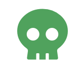 Green stylized skull icon with two white eye sockets and three tooth-like protrusions.