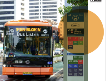 Cover image for a policy brief 'Compact Cities Electrified: Energy Outlook,' featuring a city bus and a bus stop panel with ITDP and UC Davis logos.