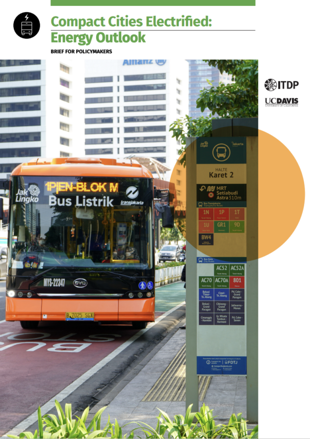 Cover image for a policy brief 'Compact Cities Electrified: Energy Outlook,' featuring a city bus and a bus stop panel with ITDP and UC Davis logos.
