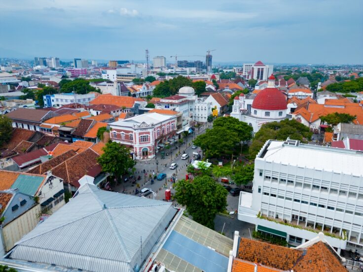 Aerial view of a city center with red-tiled roofs, a white domed building, and tree-lined streets below.