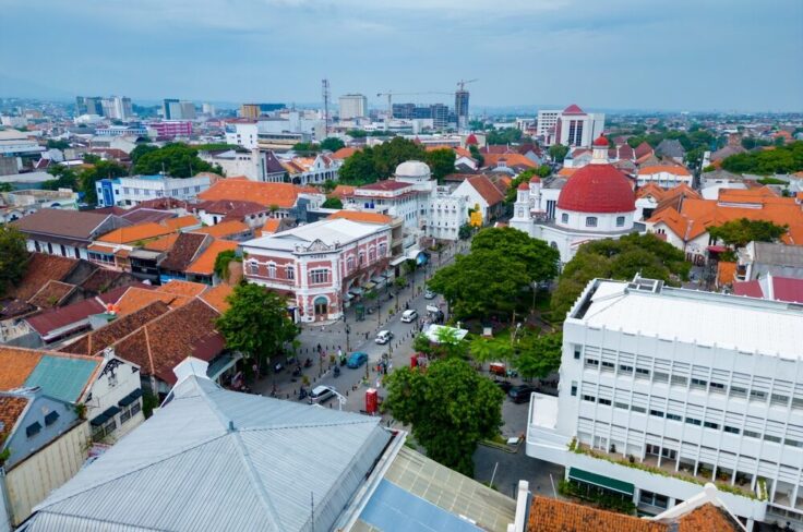 Aerial view of a city center with red-tiled roofs, a white domed building, and tree-lined streets below.