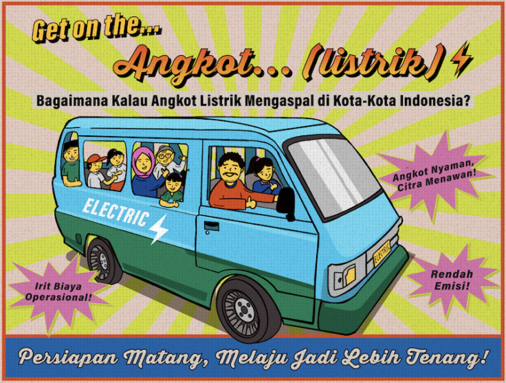 Colorful poster promoting electric Angkot: a blue-green passenger van with riders, the word ELECTRIC on its side and bold Indonesian slogans about comfort and low emissions.