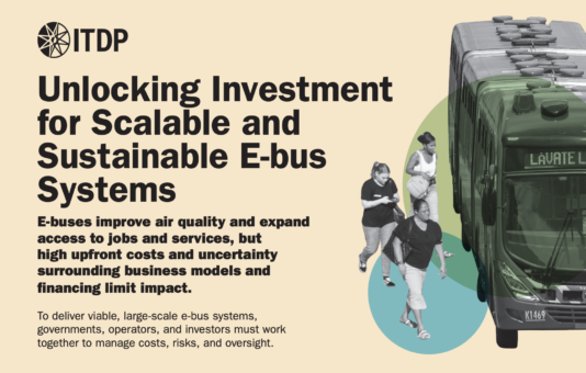 Banner with ITDP logo and a bold headline about scalable, sustainable e-bus systems; a bus is visible on the right with people silhouettes nearby.