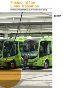 Cover image: green electric buses at a depot with a worker standing beside them; title 'Financing the E-bus Transition' with ITDP logo