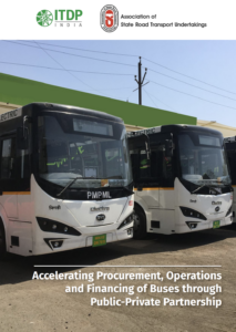 Two white buses parked side by side beneath ITDP India and Association of State Road Transport Undertakings logos on a cover page.
