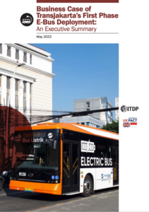 Cover image: orange electric bus on a city street with white buildings, matching the report title and May 2023 date; ITDP and UKPACT logos appear on the right side.