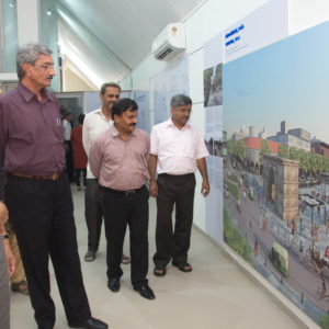 (LtoR) Architect Bimal Patel with City mayor, Asit Vora and municipal commissioner, G Mahaptra and Principla Seceratry, UD, IP Gautam  at Vision of 10 global cities exhbition at KCA.