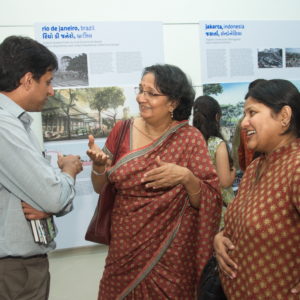 Architect Parul Zaveri(in middle) intercating with visitors at OCO launch in Ahmedabad.