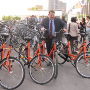 Michael Replogle, ITDP Founder, tests an Orange Dutch bike