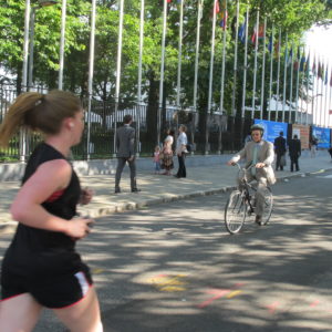 Cyclist in front of the UN