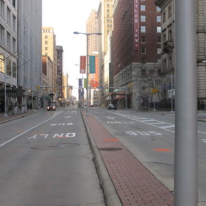 Segregated bus lanes in downtown_Cleveland_Dec2012